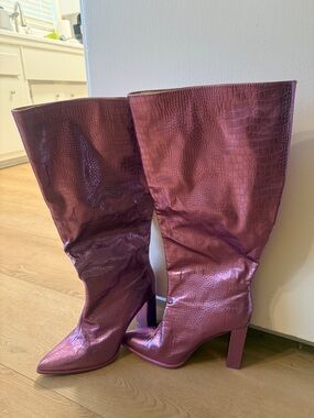 Metallic Pink Croc-Embossed Knee-High Heeled Boots